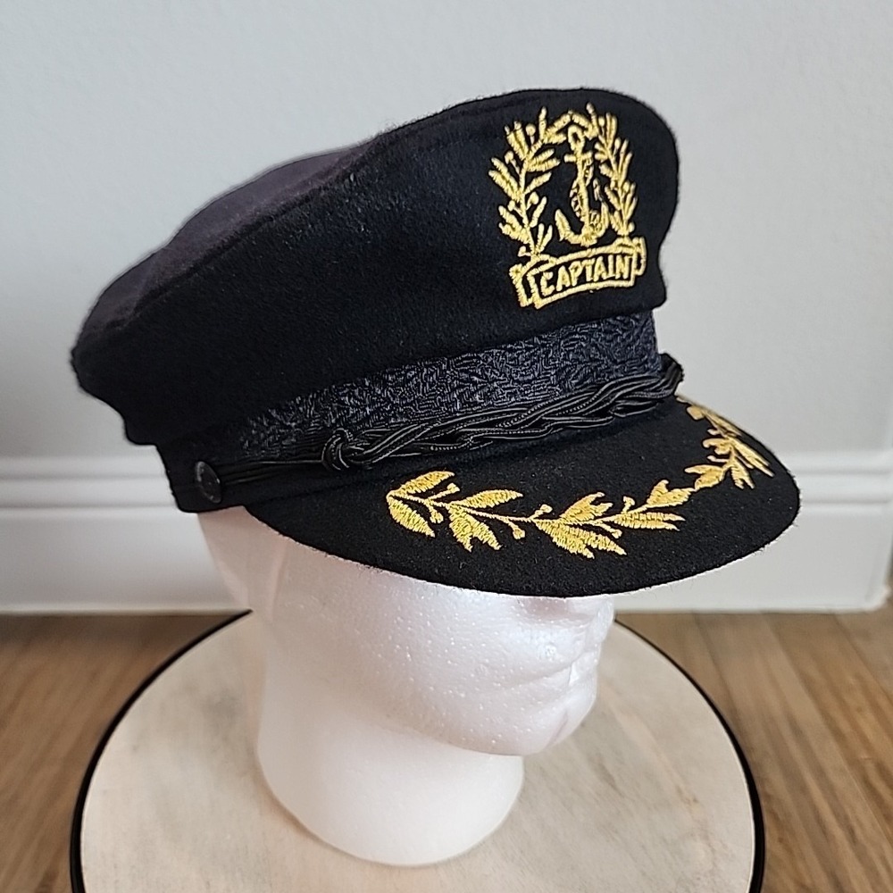 Vintage‎ RARE Aegean Greek Fishermans Captain Cap Black Wool Greece Costume Prop